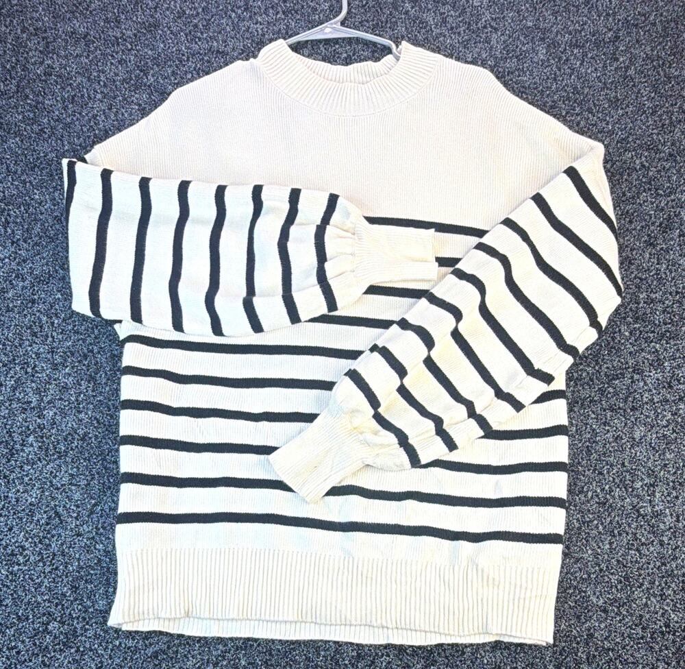 ZESICA Women's White/Black Striped Ribbed Knit Crewneck Pullover Sweater XL